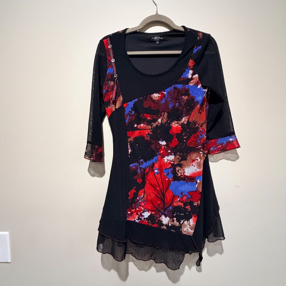 Caroline Morgan Abstract Asymetrical Tunic Top Women Size 8 Stretch Whimsigoth